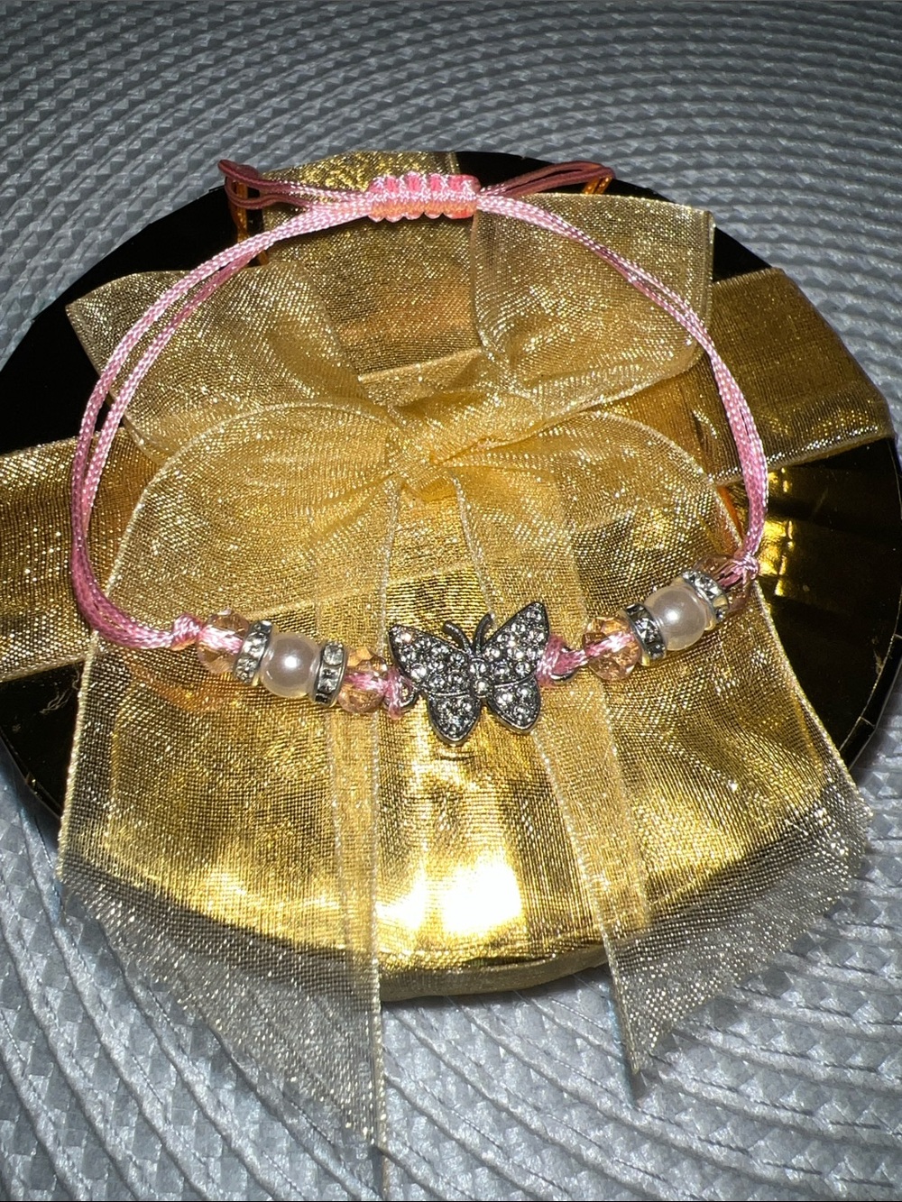 Pink Cord Bracelet with Sparkling Butterfly Charm